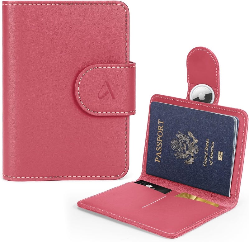 ALLIVE Rfid Passport Holder for Travel Women, Rfid Passport Cover Wallet, Genuine Leather Passport Holder for Travel with AirTag Hidden, Airport Essentials, Travel Gifts (Rose Pink) - Image 1